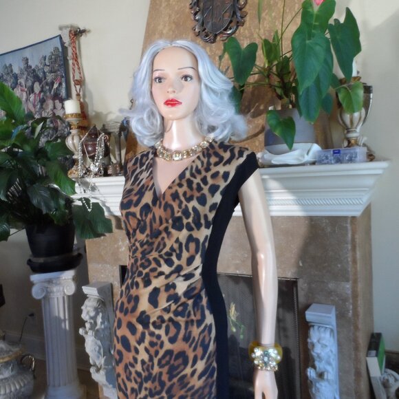 Escada Black & Brown Leopard Print Ruched Surplice Sheath Dress Size EU 38- US 8 - Picture 6 of 16